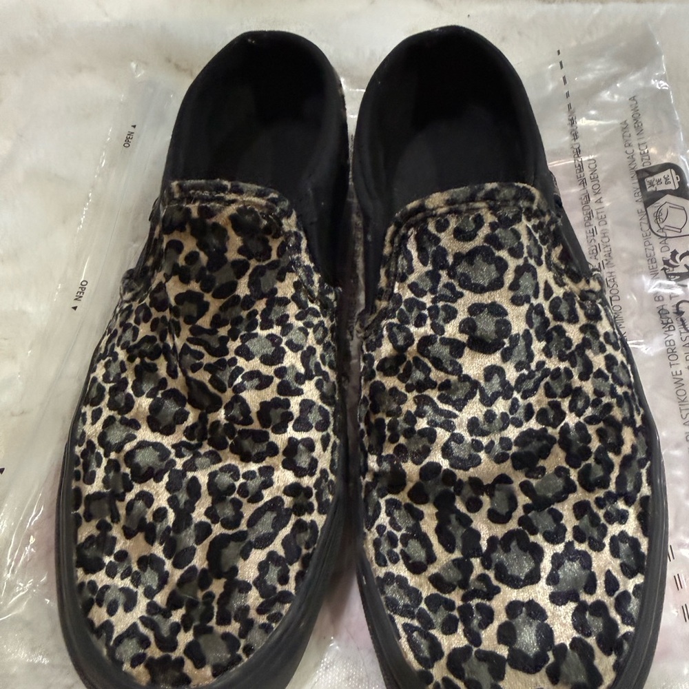 Vans Black and Tan Leopard Slip-On Loafers